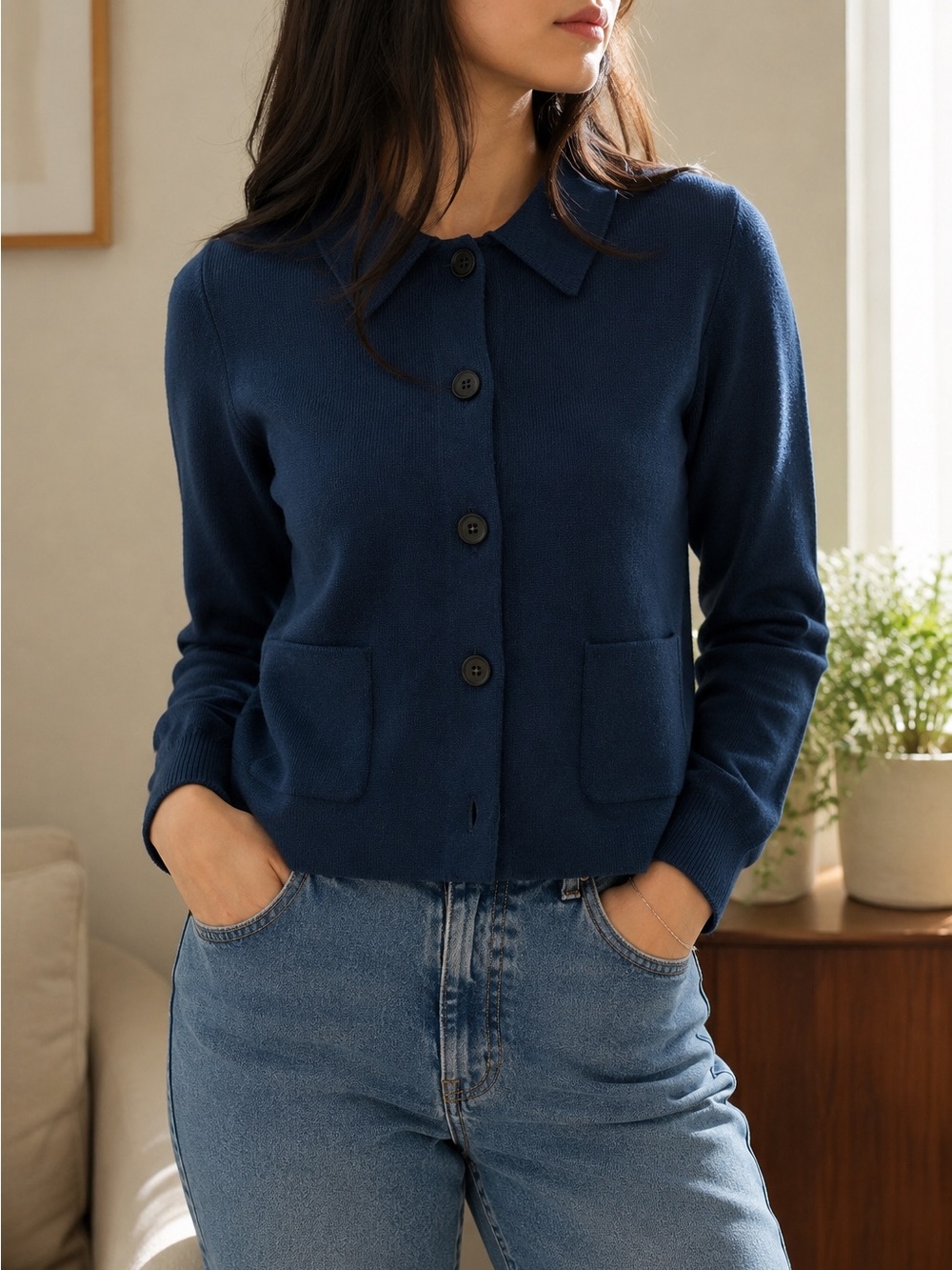 UNIQLO Blue Knit Collared Cropped Cardigan XS